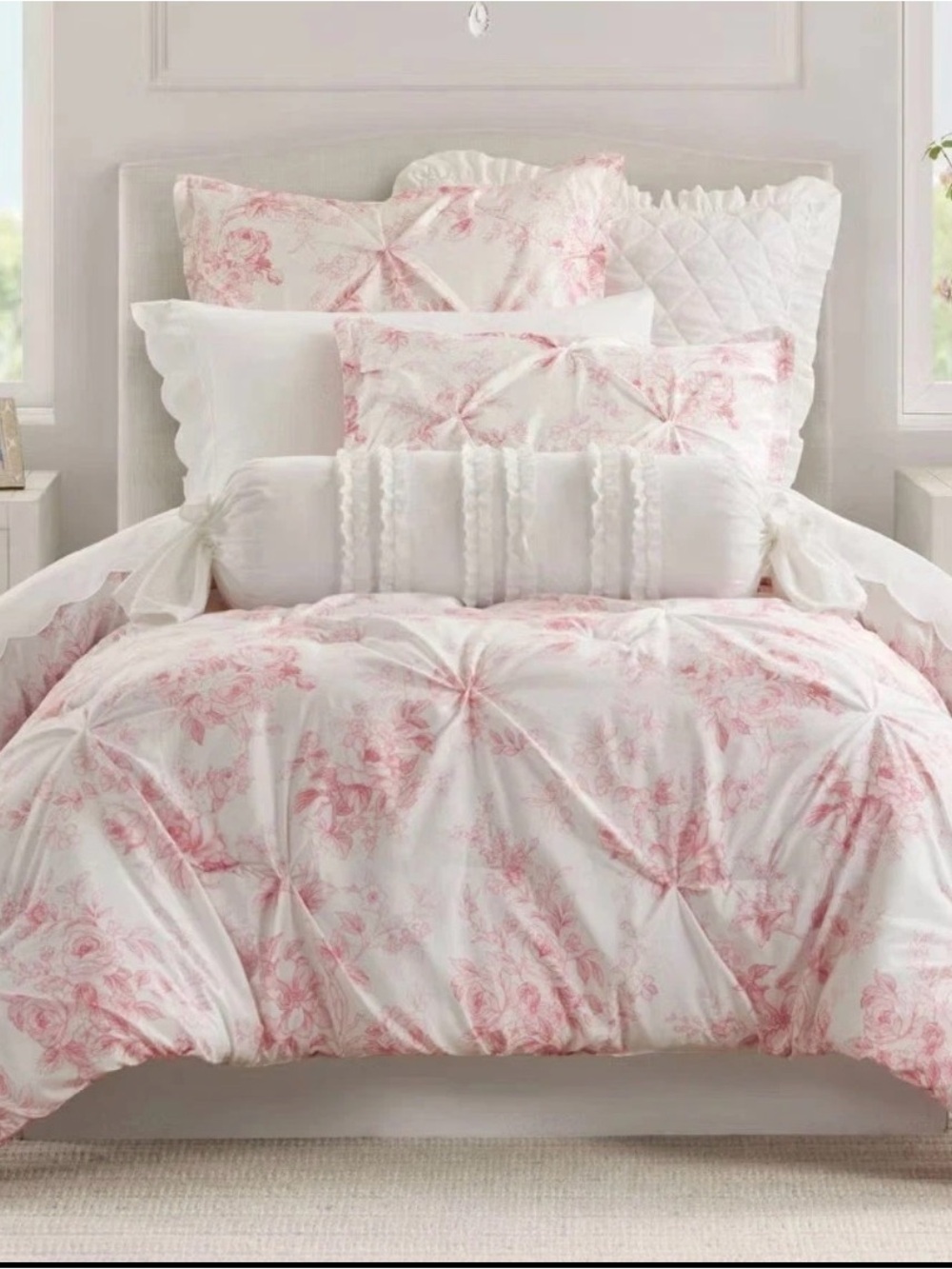 Armoire Collection Toile Floral pink and white Comforter-Pintuck Detail